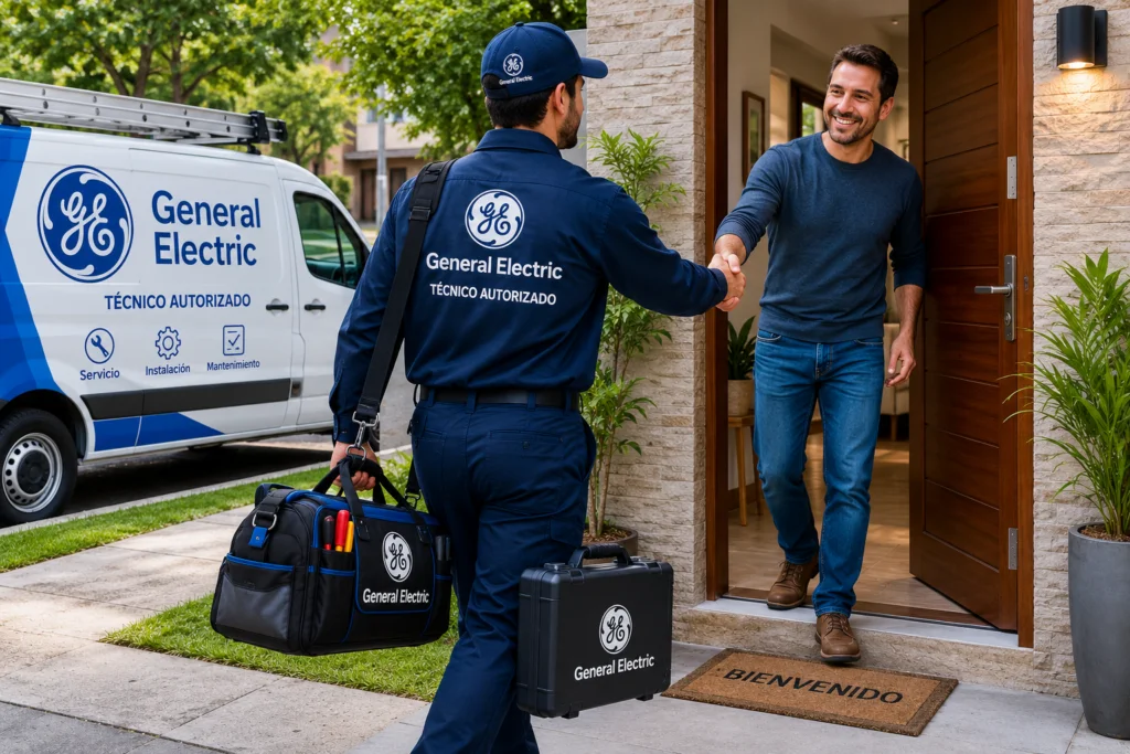 Técnico autorizado General Electric saludando a un cliente en Panamá